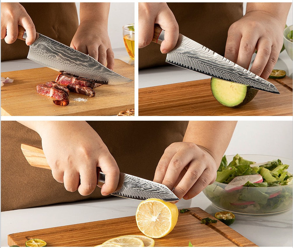 Conjunto de facas de cozinha para chef Damasco 67-LAY, faca japonesa Santoku Nakiri, faca utilitária, faca para desossar, faca de cozinha com cabo de madeira de oliveira HD