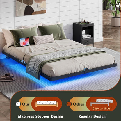Floating LED Bed Frame with Charging Station | Heavy-Duty Metal Platform, Easy Assembly, No Noise