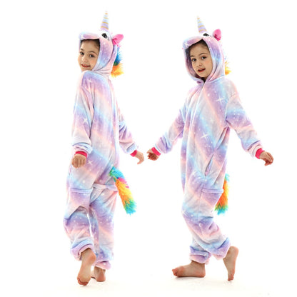 Winter Kids Pajama Sets Soft Warm Flannel Unicorn Costume Kigurumi Boy Girl Onesie Set Panda Tiger Bunny Deer Lion Pyjamas Suit