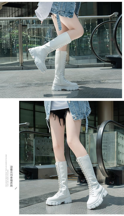 LazySeal Winter Long Boot Shoes Women White Lace Up Zip Height Increasing Pu Leather Shoes Plush Botas Mujer Big Size 43
