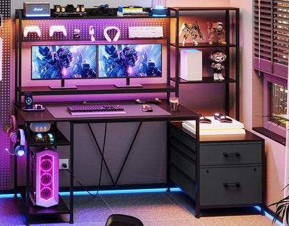 Gaming Desk with Hutch, 65in Reversible Computer Desk with Power Outlets LED Light, Home Office Desk with Monitor