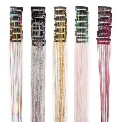 12 unidades/1 pacote 50 cm de extensões de cabelo sintéticas brilhantes, presilhas de cabelo cintilantes para trançar e enfeitar a cabeça de mulheres
