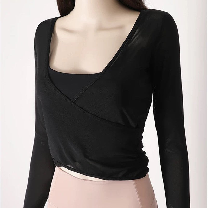Quick Drying Yoga Sports Top V-Neck Cross Waist Mesh Breathable Fitness Long Sleeve Cover up for Women