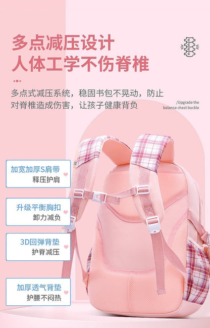 Protecting The Spine Ergonomics Elementary School Students Girls Checkered Backpack Large Capacity Lightweight Waterproof