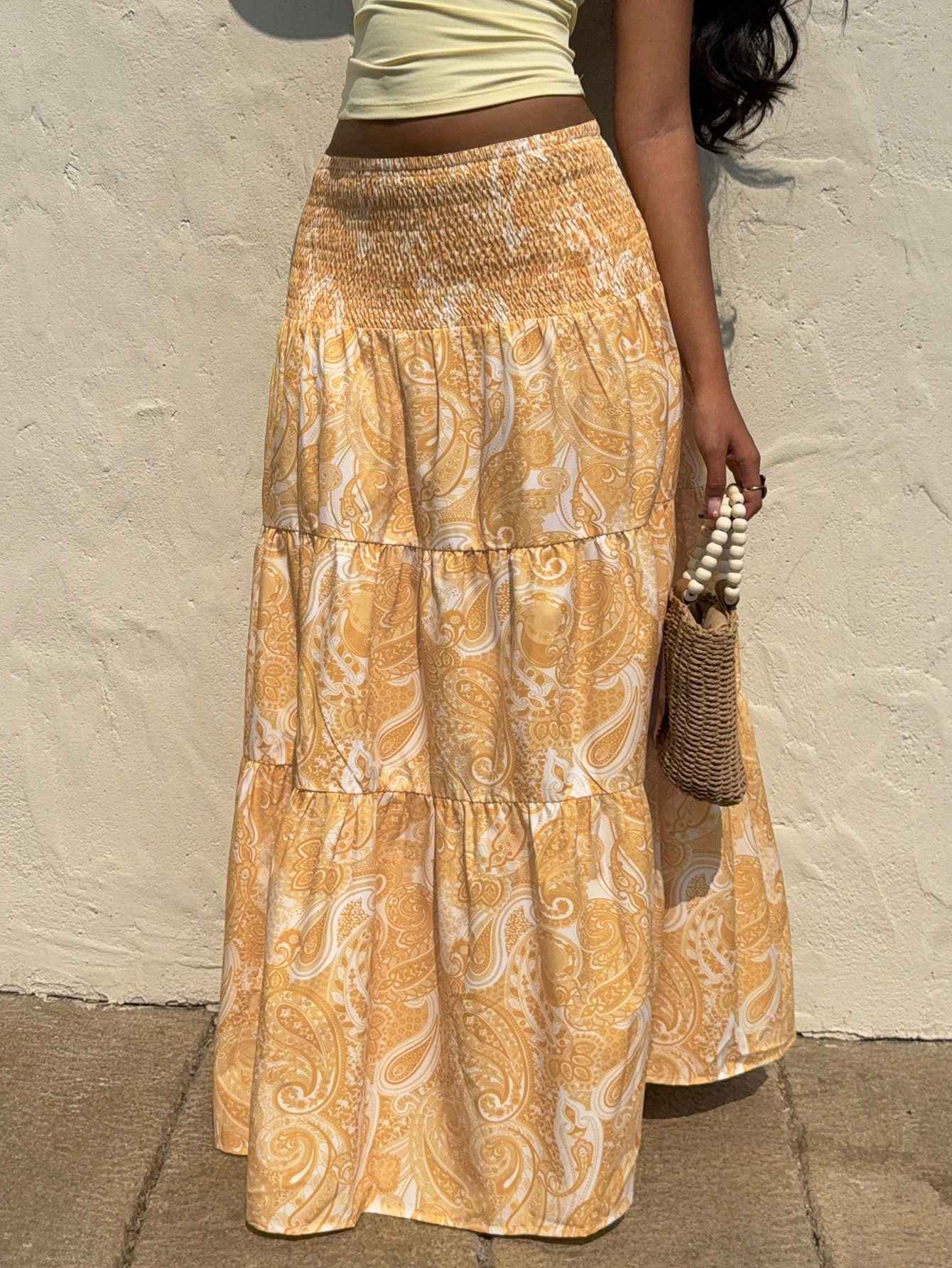 Vacation Style Stretchy Waist Long Maxi Skirt - Flowy Beach Skirt with Elastic Waistband