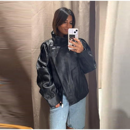 Street Stand Collar Women's Leather Jacket Loose Long Sleeve Zipper Pockets Chic Female Coats 2025 Autumn Winter Lady Outerwear