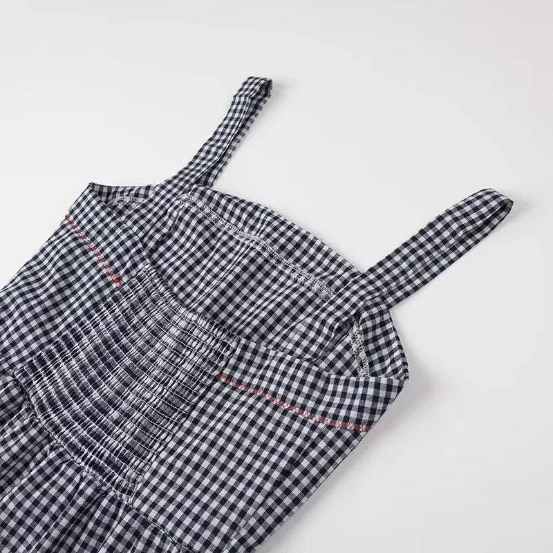MUJER Plaid Slip Long Dress Woman Embroidery Ruffle Summer Dresses 2025 Sleevele