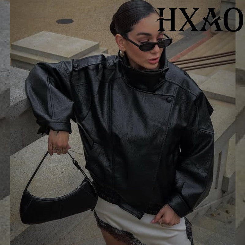 HXAO Faux Leather Jacket Coat Demi-Season Black Bomber Jacket Outerwears Long Sleeve Snap Button Cropped Motorcycle Jacket