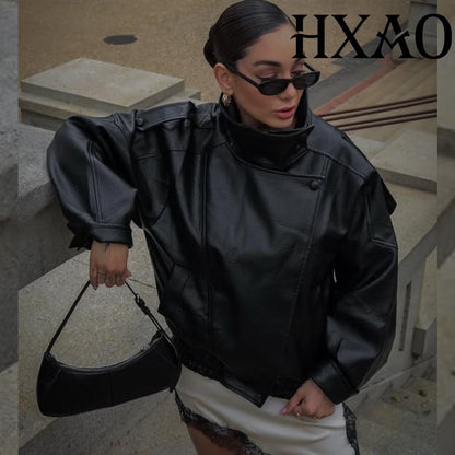 HXAO Faux Leather Jacket Coat Demi-Season Black Bomber Jacket Outerwears Long Sleeve Snap Button Cropped Motorcycle Jacket