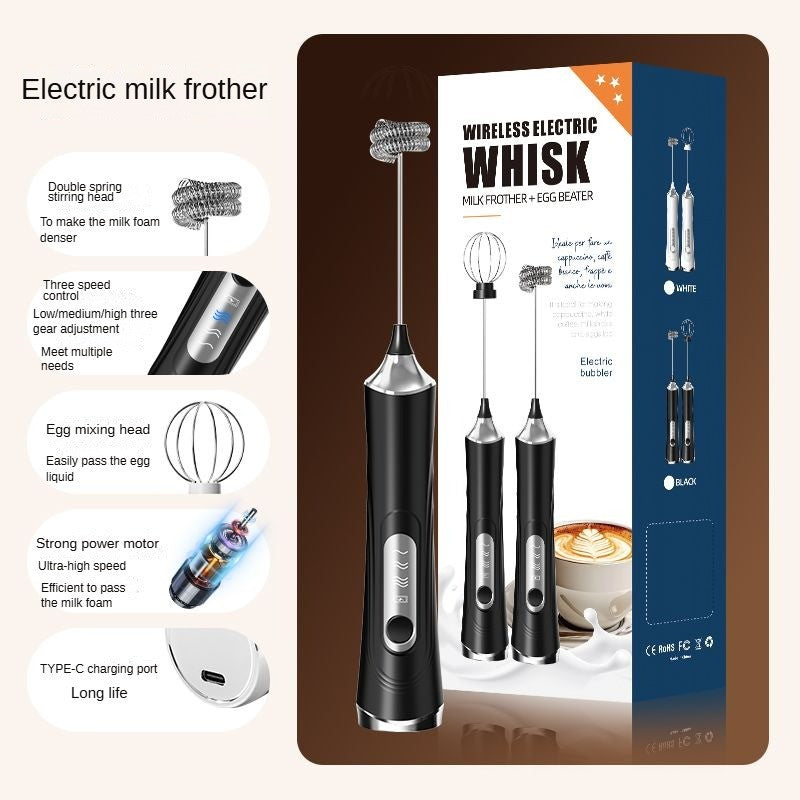 Máquina de café elétrica, batedor de ovos, espumador de bebidas portátil recarregável, batedor de geleia e creme portátil de 3 velocidades, liquidificador de cozinha