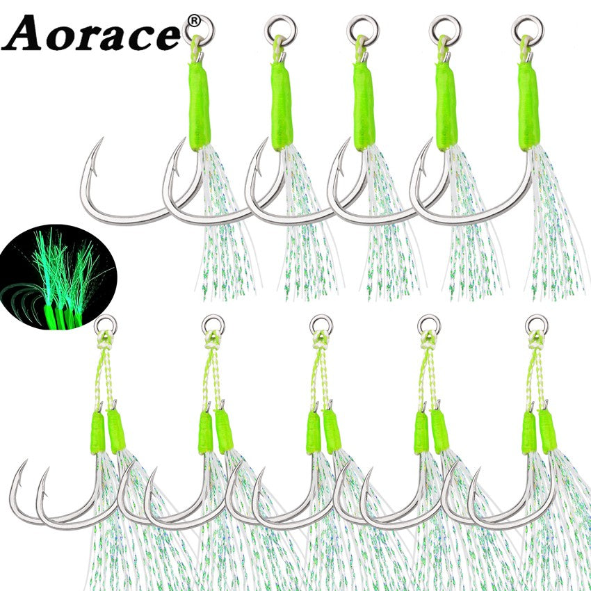 Anzóis Jig Assist 5 Peças, Linha de Aço Inoxidável de Alta Resistência, Tubo Luminoso, Pena, Anel Sólido, Anzol de Jigging, Anzóis de Pesca de Barco