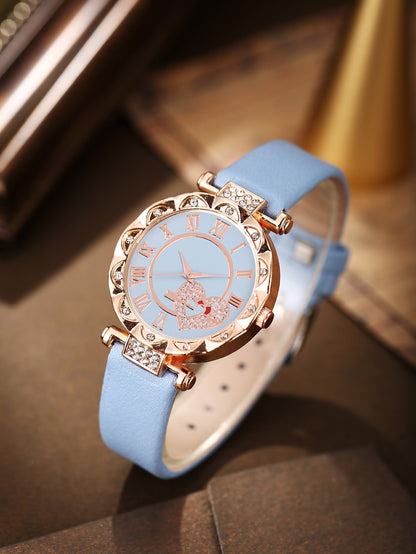 5PCS Wo5PCS Women's Love Set Diamond Dial Fashion men's Love Set Diamond Dial Fashion Versatile Alloy Case Pointer Leather Watch