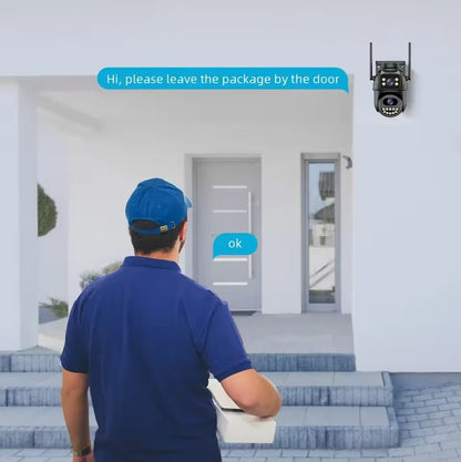 Câmera de vigilância WiFi 4K 8MP, detecção humana por IA, lente dupla, zoom digital 4X, câmeras IP PTZ de segurança externa