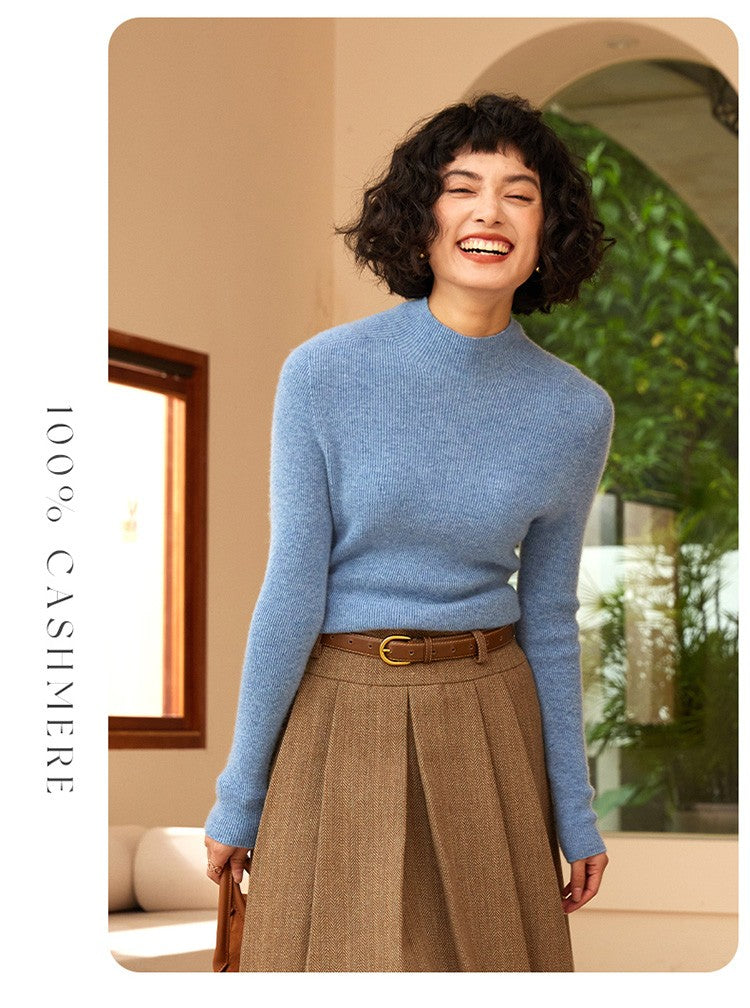Autumn and winter new women's 100% pure cashmere semi high neck pullover sweater knitted slim fit hot selling women's top