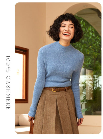 Autumn and winter new women's 100% pure cashmere semi high neck pullover sweater knitted slim fit hot selling women's top