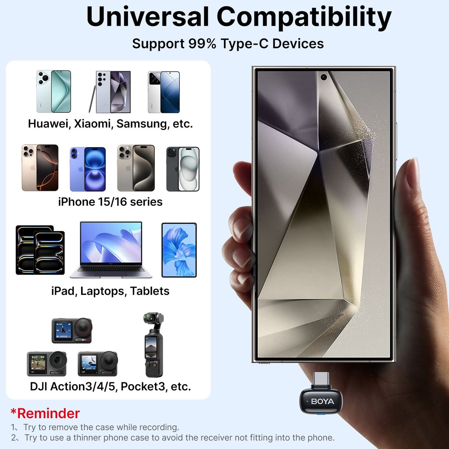 BOYA BOYA Mini Microfone de Lapela Sem Fio para iPhone 15/16 Android Celular Dispositivos USB-C para Gravação de Vídeo Transmissão ao Vivo Vlog