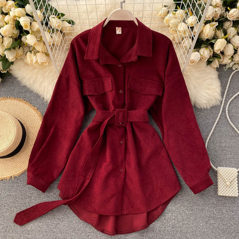 Women Spring Autumn Shirts Retro Cargo Style Pockets Long-Sleeved Shirt Puff Sleeve Bandage Nipped Waist Tops Female PL438