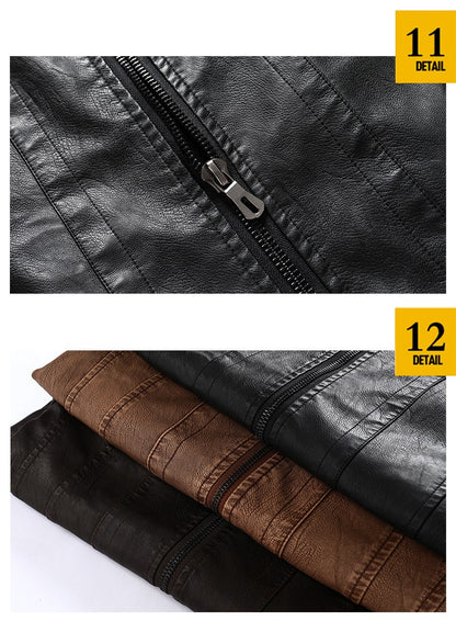 Autumn Winter New Fashion Men's Solid Color Simple Basic Casual Trendy Stand Collar Zipper Faux Leather Coats Male Jackets Tops