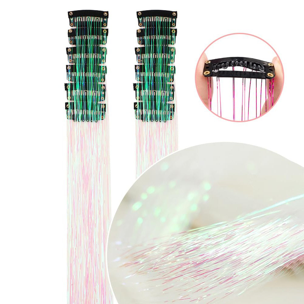 Pacote de 12 Unidades de Cabelo Extensor com Presilha, Tinsel Colorido com Brilho, Extensões de Cabelo de Fada, Acessório Cintilante para Festa de Mulheres, Meninas e Crianças