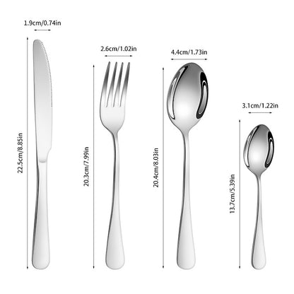 4/6/16/24pcs Silver stainless steel cutlery 1010 round handle knife, fork and spoon cutlery set suitable for family dinner hotel