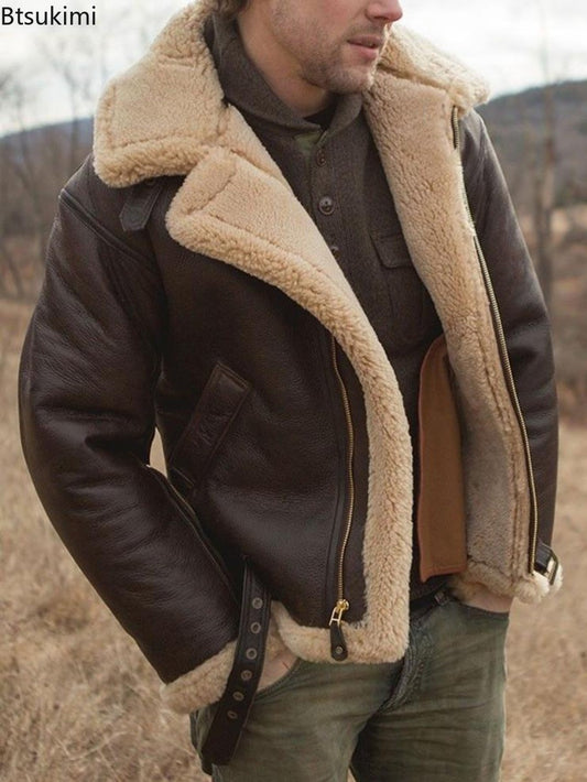 2025 Men's Winter Plush Leather Jacket Fashion Integrated Fur Thickened Warm Long Sleeve Cardigan Coats Leisure Versatile Jacket
