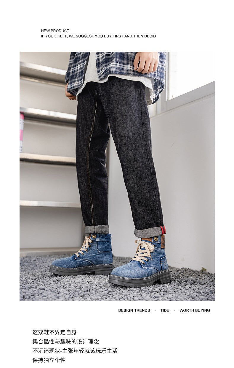Retro blue men's denim boots, lace-up thick-soled boots, men's ankle boots, casual men's work shoes, Botas Hombre, size 48