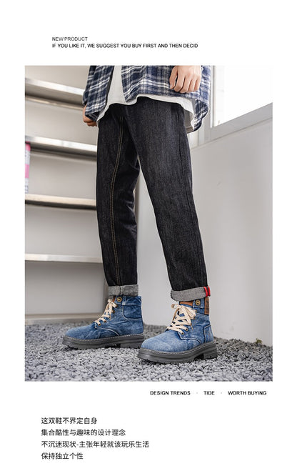 Retro blue men's denim boots, lace-up thick-soled boots, men's ankle boots, casual men's work shoes, Botas Hombre, size 48