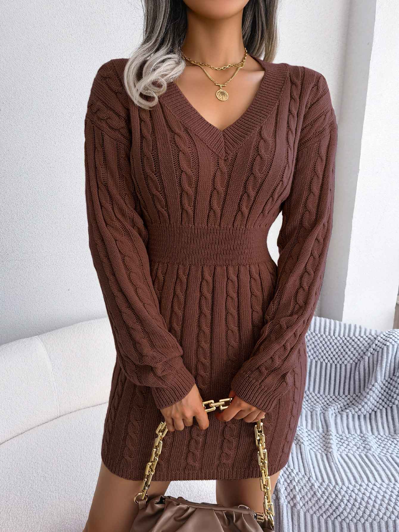 VigoCasey 2025 V Neck Casual Short Knit Dress Autumn Winter Women Solid Long Sleeve Dress Lady Khaki Bodycon Knitted Dresses