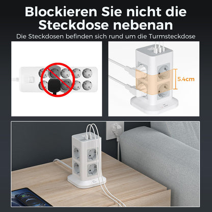 TESSAN Tower Power Strip Multi Outlets with USB A +1 Type C 2M Extension Cable EU Plug Vertical Electric Socket Surge Protection