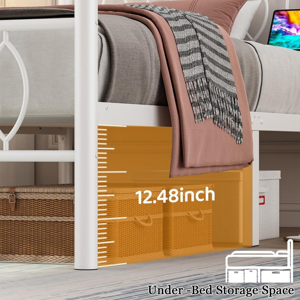 Estrutura de Cama de Plataforma de Metal Branco Tamanho Twin com Cabeceira, Estação de Carregamento, Luzes LED e Armazenamento de 30 cm Debaixo da Cama