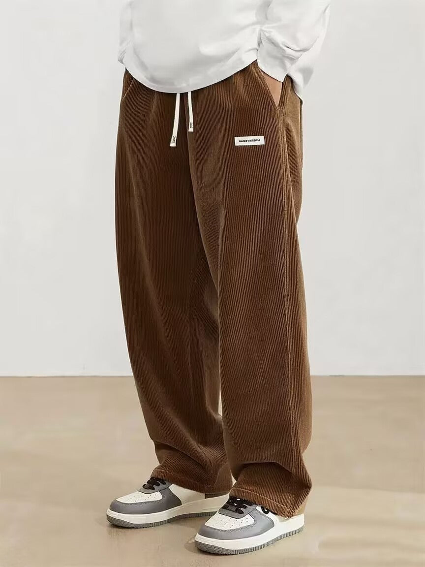 Mens Corduroy Casual Pants Fashion Loose Fit Baggy Pant Straight Sweatpants Elastic Waist Drawstring Outdoor Streetwear New 2025