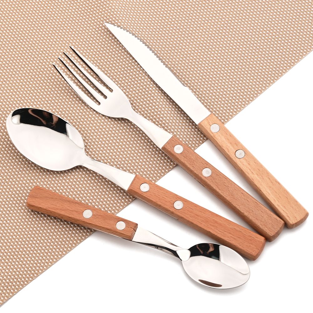 JANKNG 304 Stainless Steel Fork with Wooden Handle Tableware Cutlery Mirror Dinnerware Flatware Silverware Kitchen Accessories