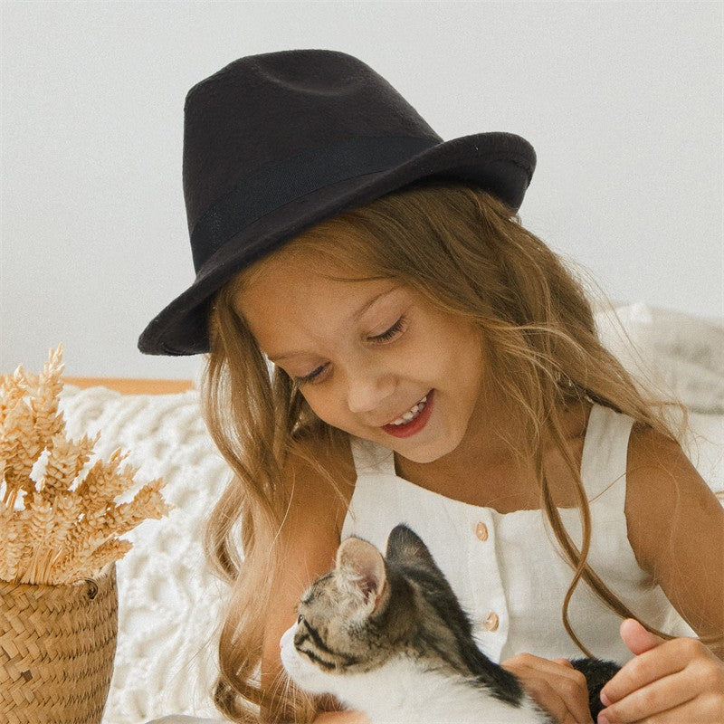 Vintage Kids Rolled Brim Trilby Hat for Boys Girls Child Fedora Hat Autumn Winter Felt Jazz Cap