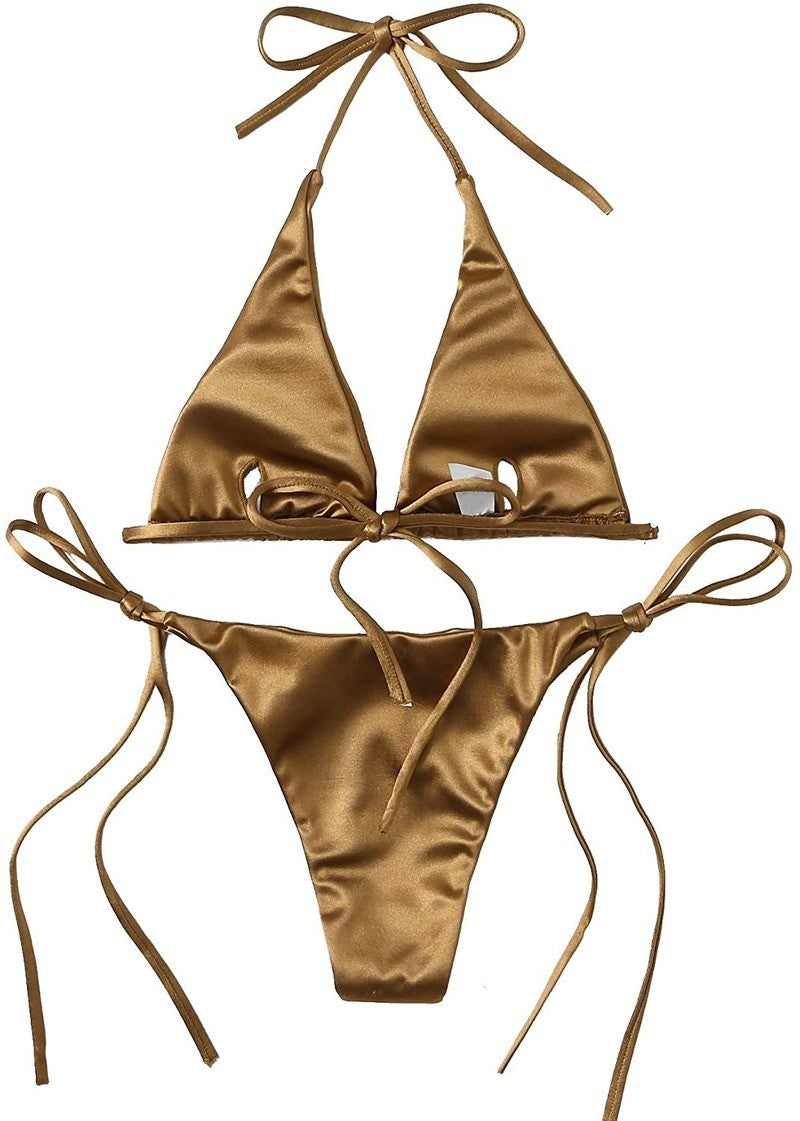 Wrap Around Halter Metallic Satin Bikini Women Swimwear Female Swimsuit Two-pieces Bikini Set Brazilian Bathing Suit Swim Lady