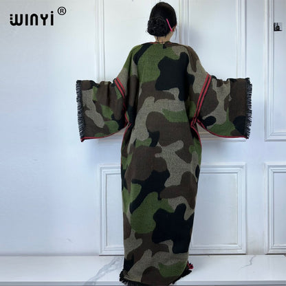 WINYI camouflage colour African women winter kimono long sleeve OverCoat abaya dubai luxury Open Front Long Cardigan party dress