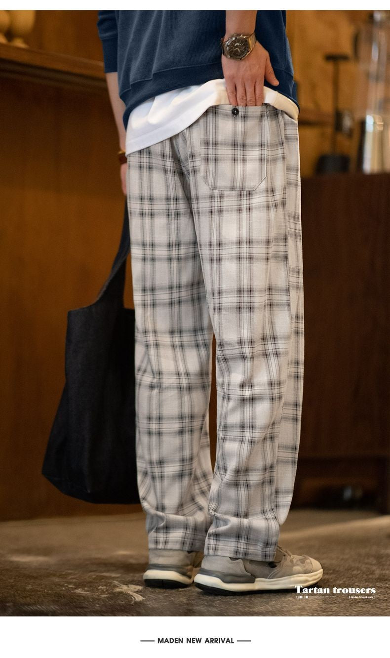 Maden Calça Cargo Xadrez Masculina Vintage Primavera Leve Caimento Solto Cintura com Cordão Calças Retas Casuais Perna Larga