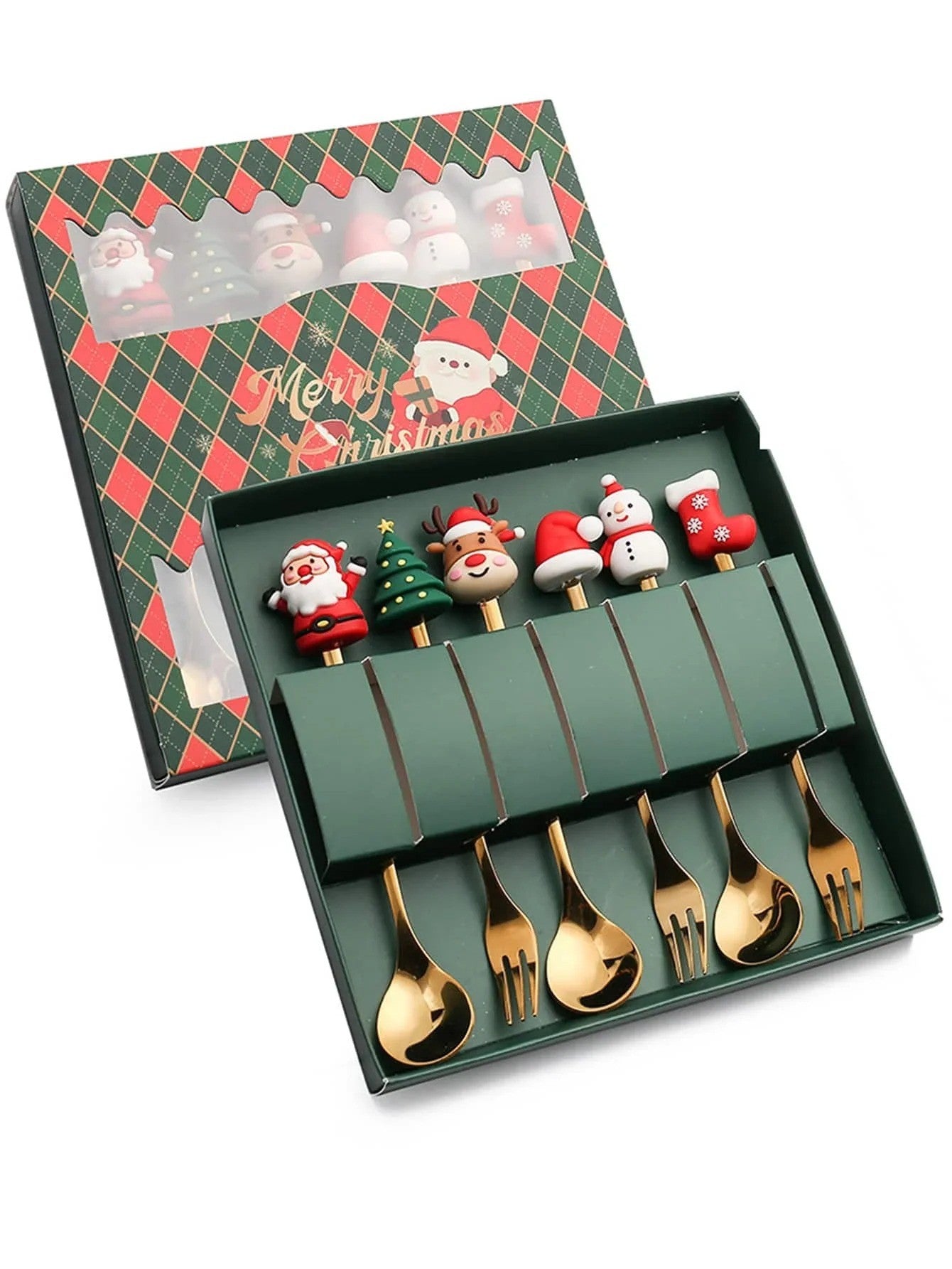 Conjunto de 6 Garfos e Colheres de Natal em Aço Inoxidável, Talheres Criativos para Café, Chá, Sobremesa, Conjunto de Presente
