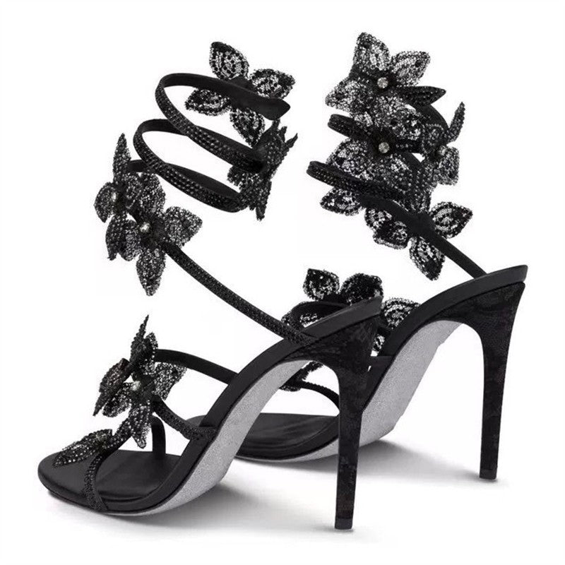 Sandália Feminina Sexy Eilyken com Flores de CRISTAL Salto Fino Alto Tiras Finas no Tornozelo Estilo de Rua Sapatos de Pole Dance