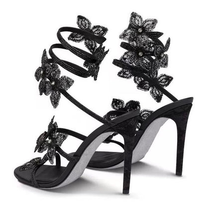Sandália Feminina Sexy Eilyken com Flores de CRISTAL Salto Fino Alto Tiras Finas no Tornozelo Estilo de Rua Sapatos de Pole Dance