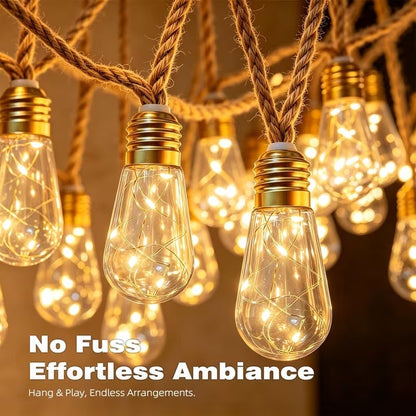 Solar String Lights Hemp Rope Edison Bulb Fairy Lights 4M/6M/8M Warm White for Garden Patio Pergola Wedding Christmas Decor