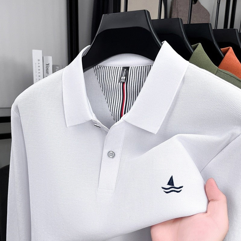 100% pure cotton spring and autumn fashionable men's collar striped long sleeved polo shirt brand sailboat embossed design casua