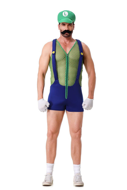 Halloween Cosplay Men's Anime Super Luigi Bros Hollow Overalls Jumpsuits Costume Carnival Party Disguise Plumber Funny Onesie
