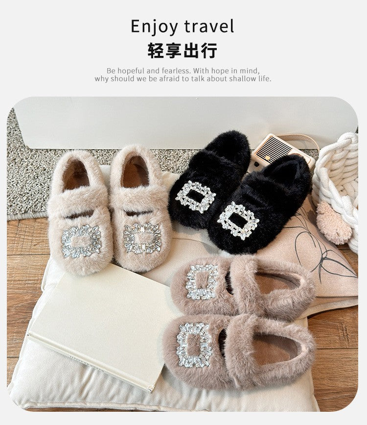 2025 Autumn Winter Children Warm Fur Shoes Fashion Rhinestone Moccasins Flats Outwear Girls Shoes Khaki, Beige, White