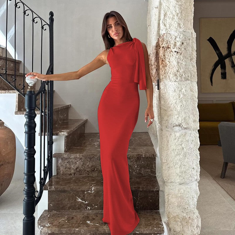 Hugcitar Fashion Solid O Neck Sleeveless Patchwork Sexy Bodycon Maxi Prom Dress