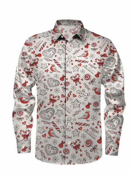 Christmas themed men's 3D hat printed formal shirt, Christmas pattern long sleeved shirt, fashionable men's shirt