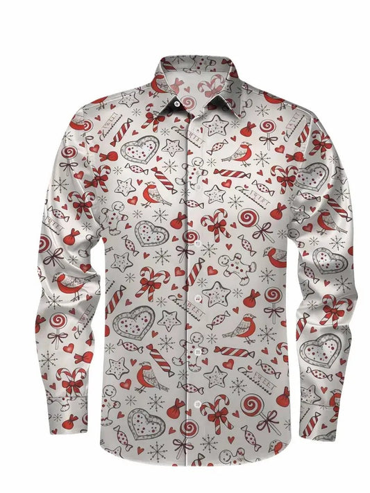 Christmas themed men's 3D hat printed formal shirt, Christmas pattern long sleeved shirt, fashionable men's shirt