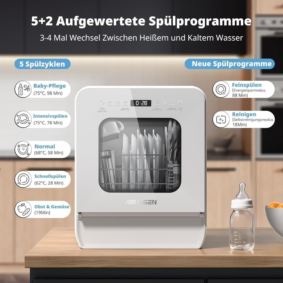Smart Countertop Dishwasher, Touch Screen Compact Dishwasher, Quick Wash Portable Electric Dishwasher for Home Kitchen