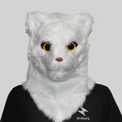 Movable Mouth Cat Head Mask Animal Latex Cute Helmet  Artificial Fur for Halloween Costumes Party Props Adult Size