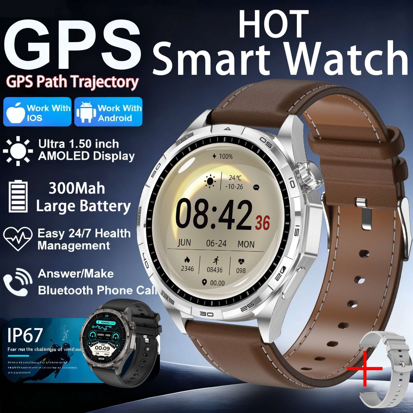 2026 Novo Relógio Fitness Original G T6 Pro Smartwatch Tela AMOLED HD de 1.50" com GPS, Monitor de Batimentos Cardíacos e Chamadas Bluetooth para Homens