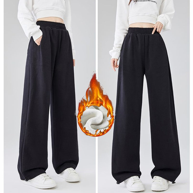 Winter Lady Snow Warm Thin Straight Leg Pants Girls Classic Daily Plush Trousers Women High Waist Thermal Fleece Pants